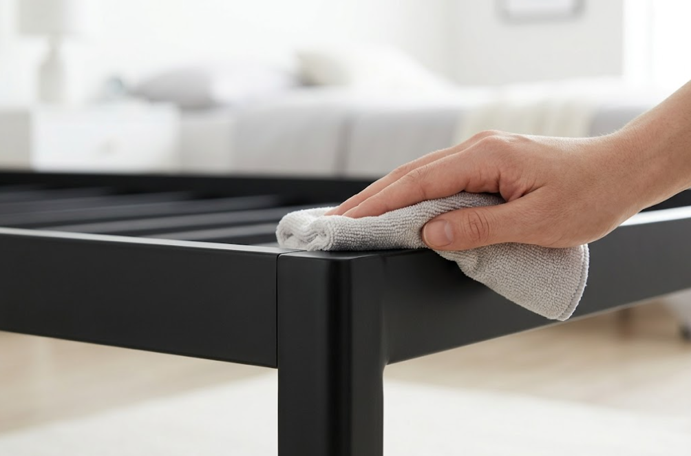 Hand cleaning a low-maintenance steel bed frame