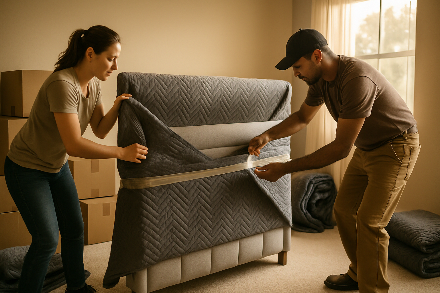 Black Friday Bed Frame Sale - Premium Sleep Starts Here 3 Two movers wrapping bed frame headboard in protective furniture blankets