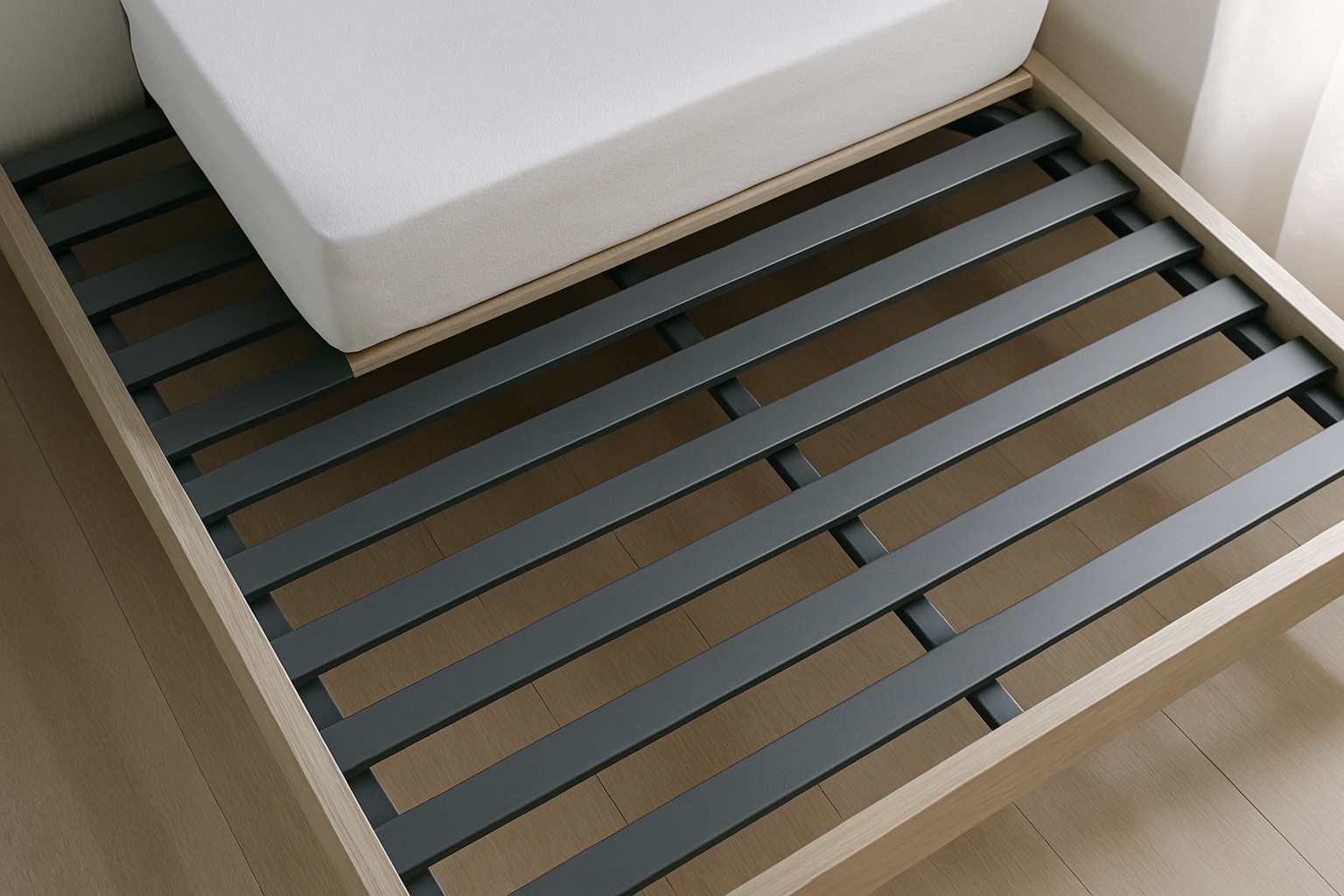 Steel bed slats evenly spaced on platform bed frame supporting mattress