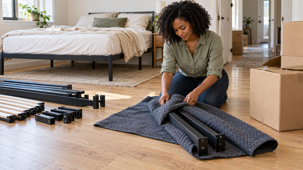 Renter wraps black bed-frame rails for a move in an apartment.