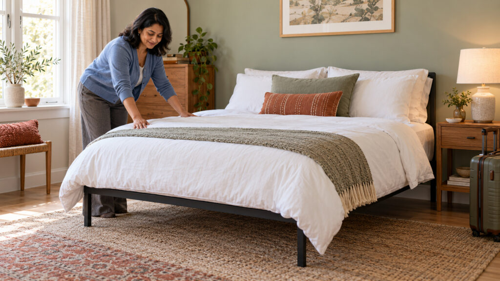 Host prepares a guest room with a bed frame and clear walking space.